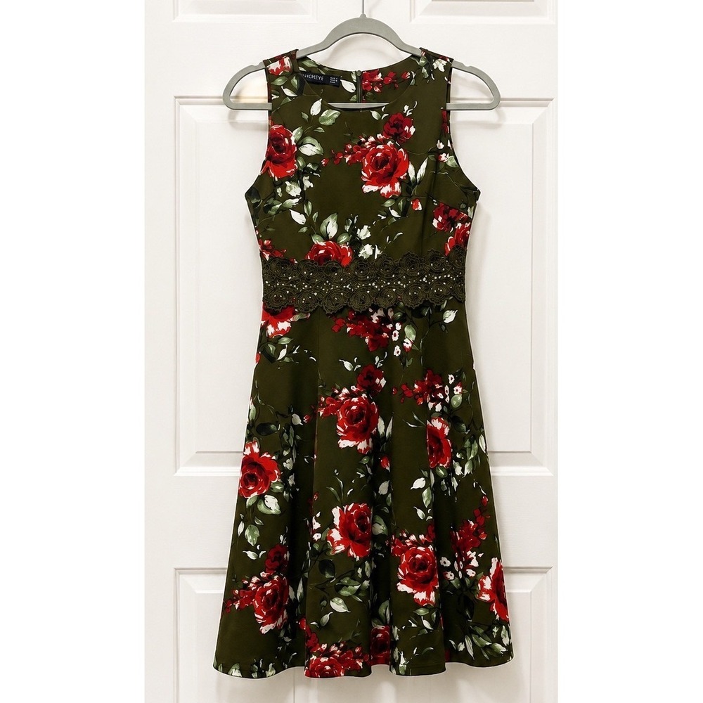 Homyee Womens XL Black Red Rose Floral Fit Flare Midi Dress Wedding Party
